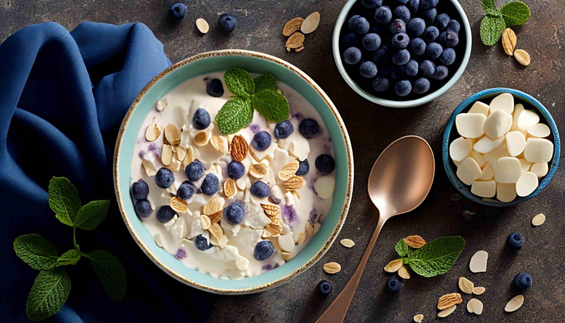 Cereal with sliced almonds and blueberries on top