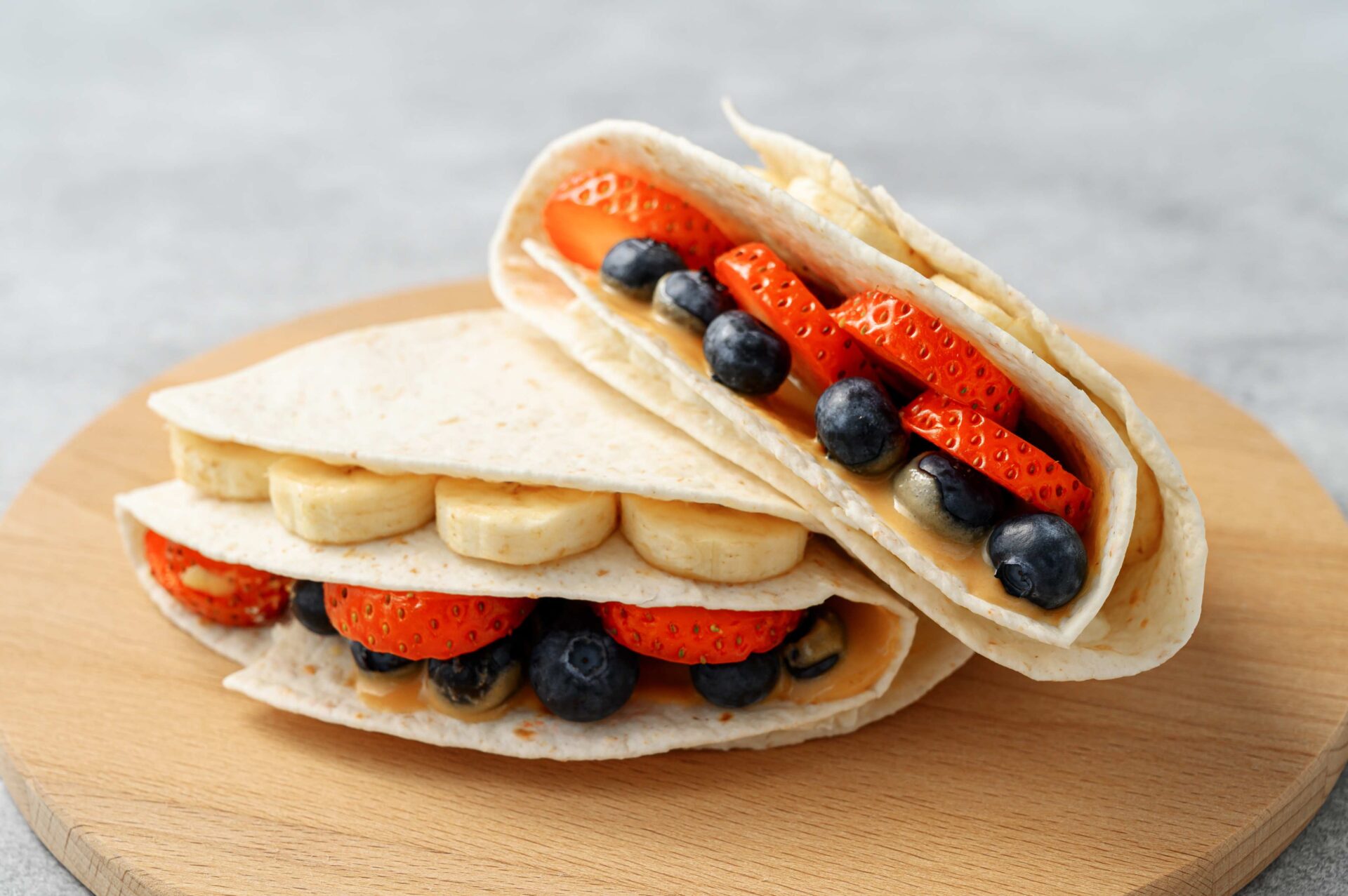 Almond flour tortillas with strawberries, blueberries & bananas