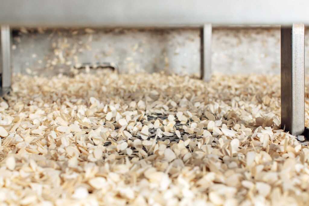 Organic Blanched Sliced Almonds in production line