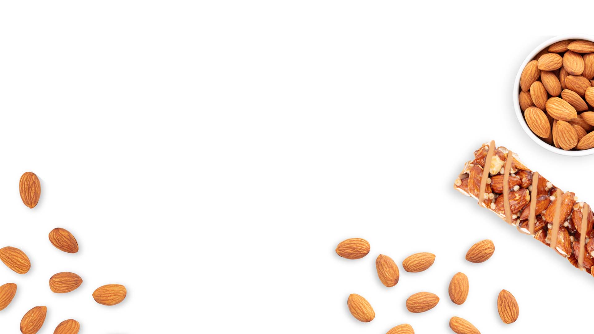 Bowl of Whole Almonds with a Nutritional Almond Snack Bar and Loose Whole Almonds - Treehouse California Almonds